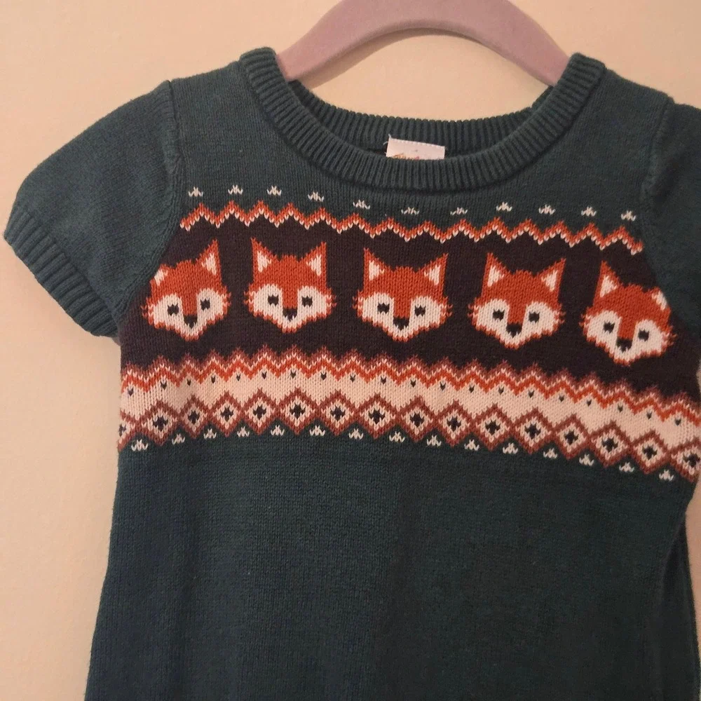 Gymboree Toddler Girls Fox Fair Isle Sweater Dress Green 100% Cotton 2T F2024